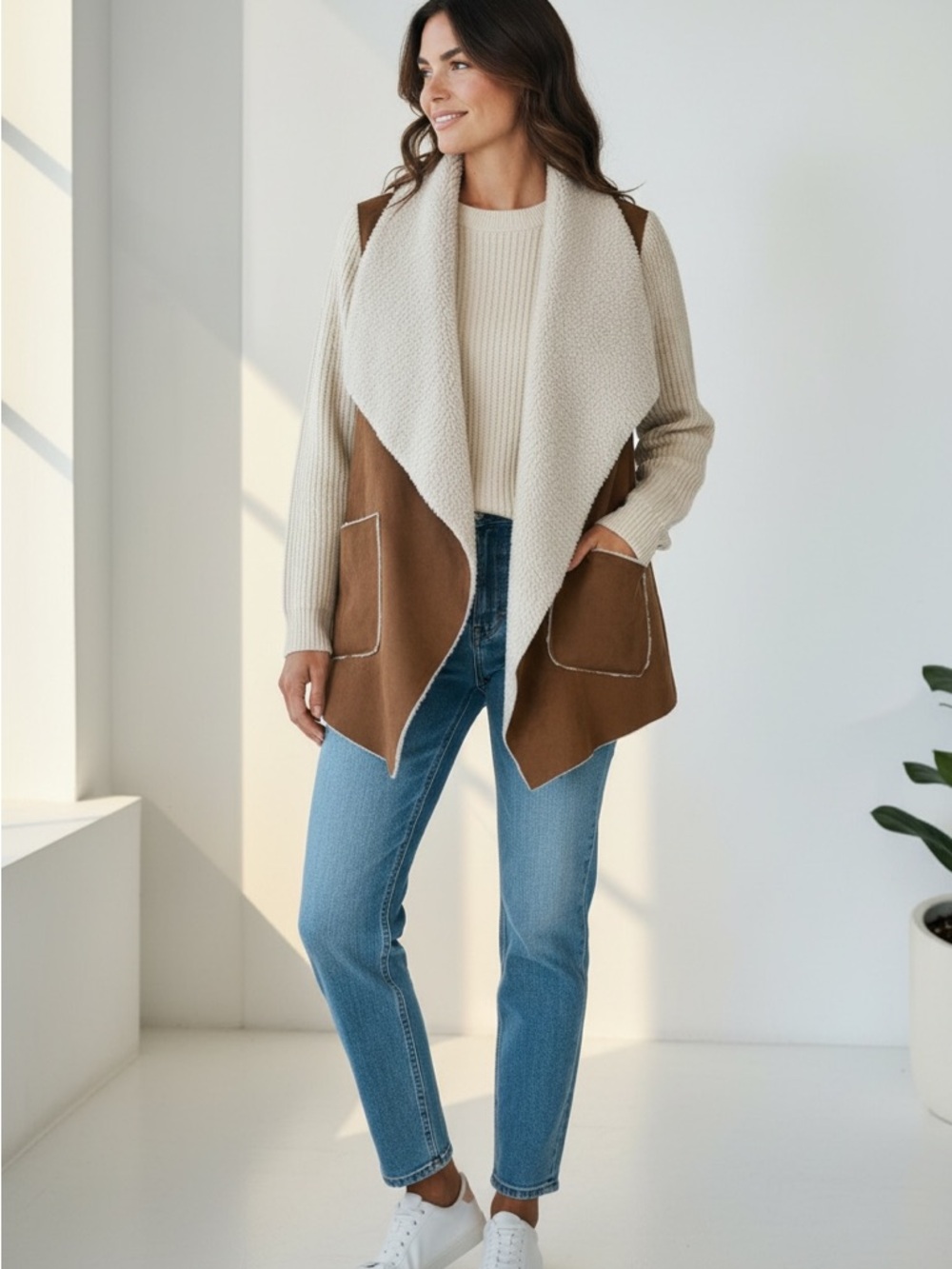 Moth Brown & Cream Faux-Shearling Open Cardigan